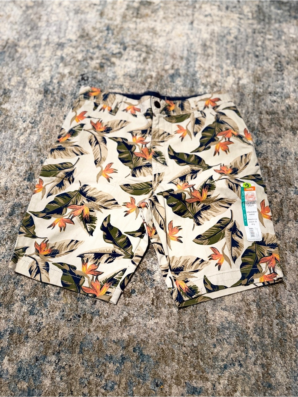 Tropical Floral Print Cotton Shorts - Cream Base with Green & Orange